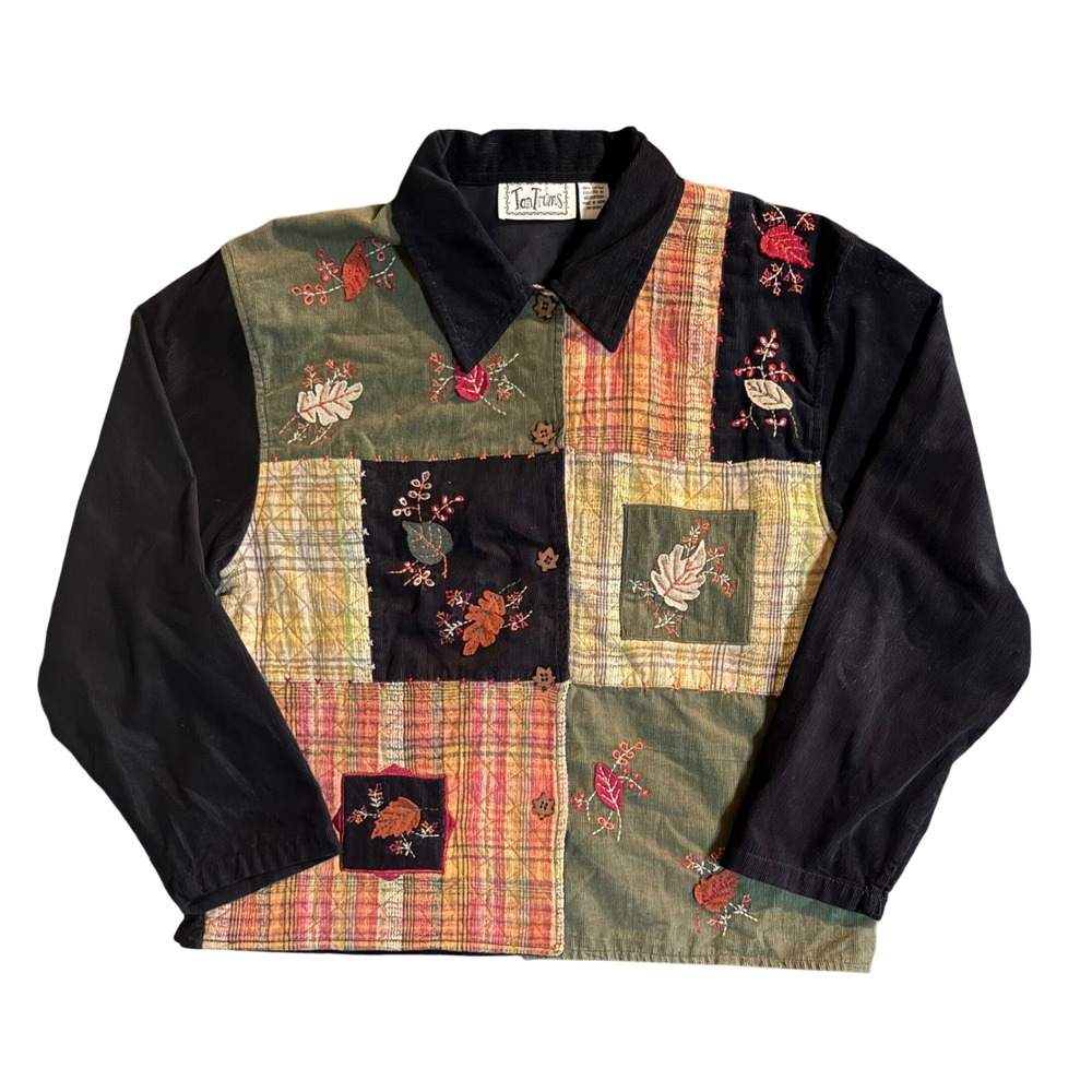 TanTrums Patchwork Embroidered Corduroy Shirt Womens Large Multicolor Fall Leaf